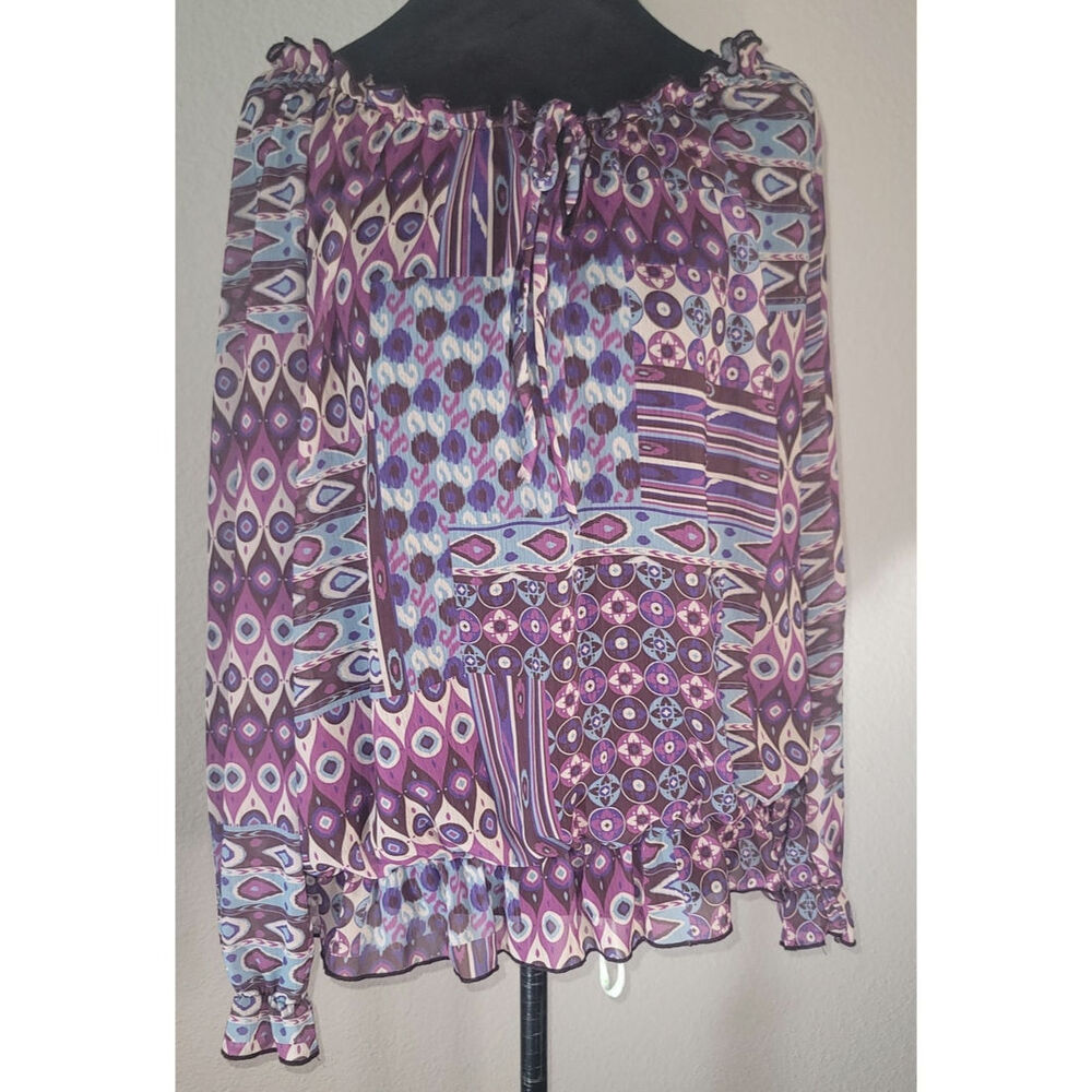 Vintage Sushi Flower Boho Peasant Top Mixed-pattern Purple & Blue Patchwork XL